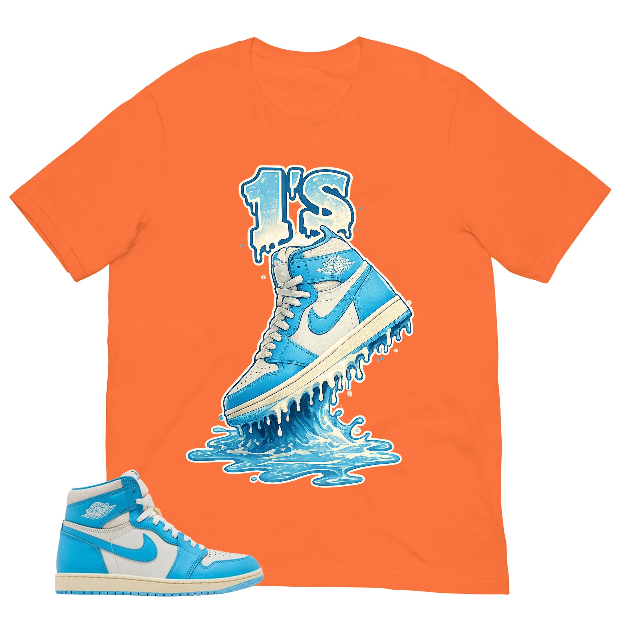 Graphic Tee 1's Dripping Shirt - to Matching Air Jordan 1 UNC Reimagined | Zadago