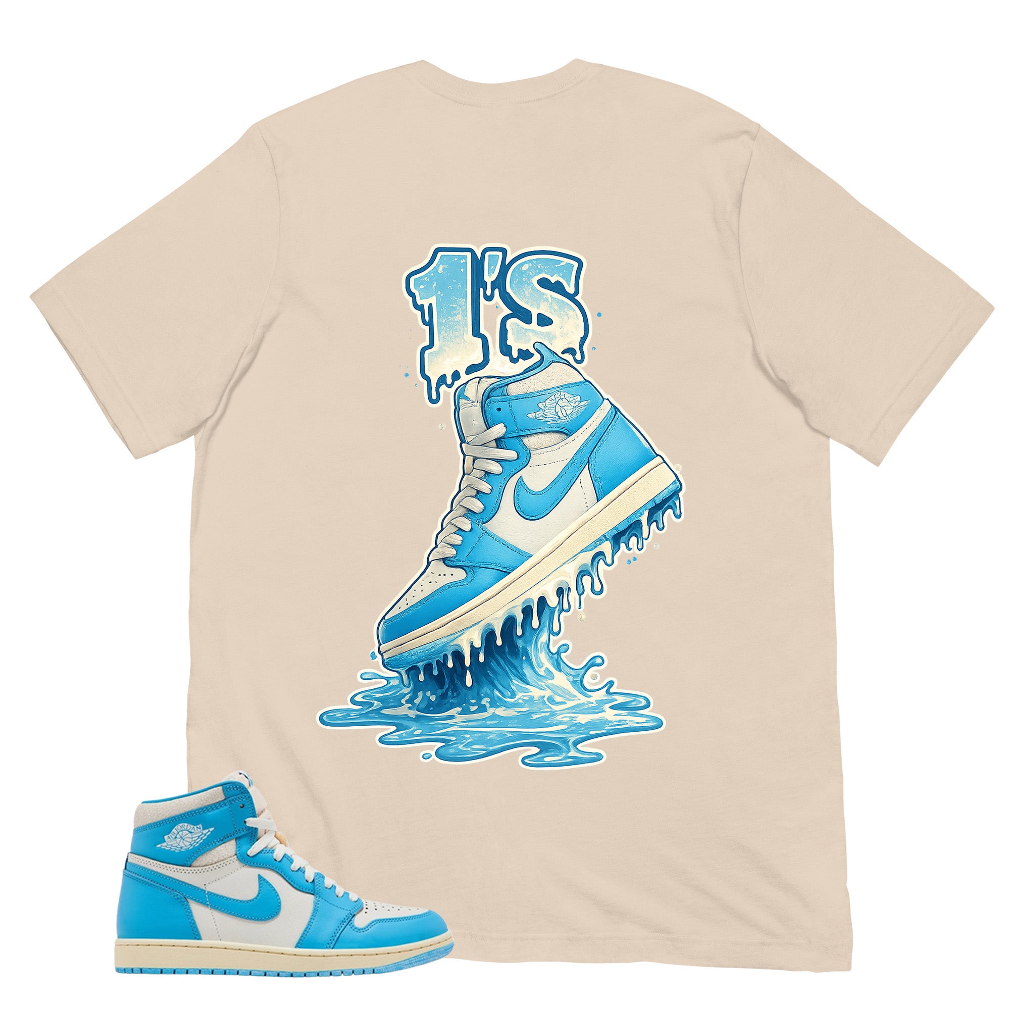 Graphic Tee 1's Dripping Shirt - to Matching Air Jordan 1 UNC Reimagined | Zadago