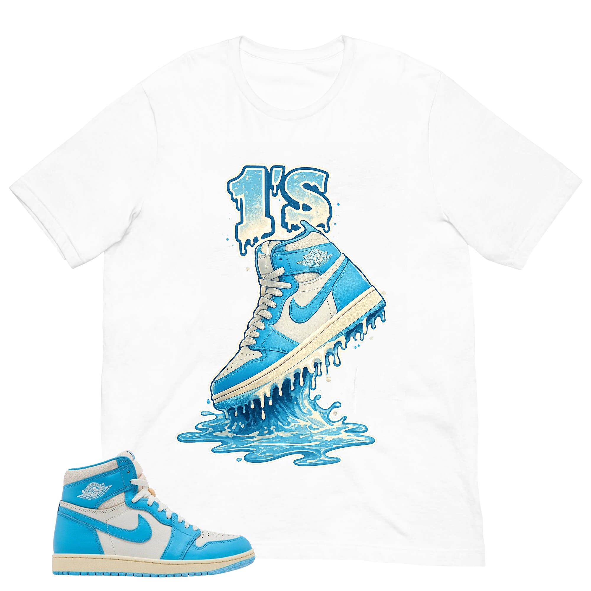 Graphic Tee 1's Dripping Shirt - to Matching Air Jordan 1 UNC Reimagined | Zadago
