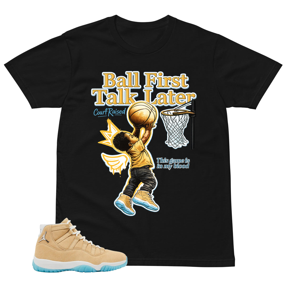 Graphic Tee Ball First Talk Later Shirt - to Matching Air Jordan 11 H-Town | Zadago