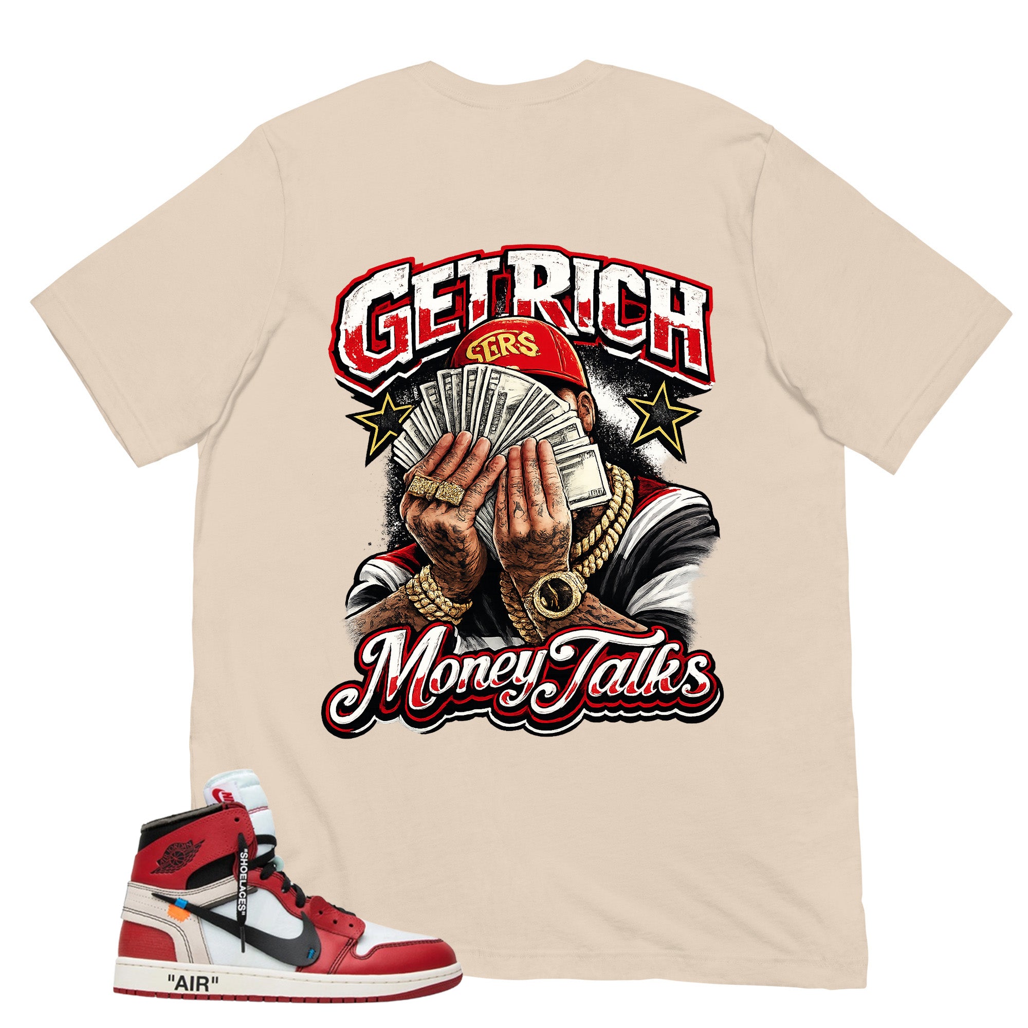 Graphic Tee Money Talk | Matching  Off-White x Air Jordan 1 Chicago | Zadago
