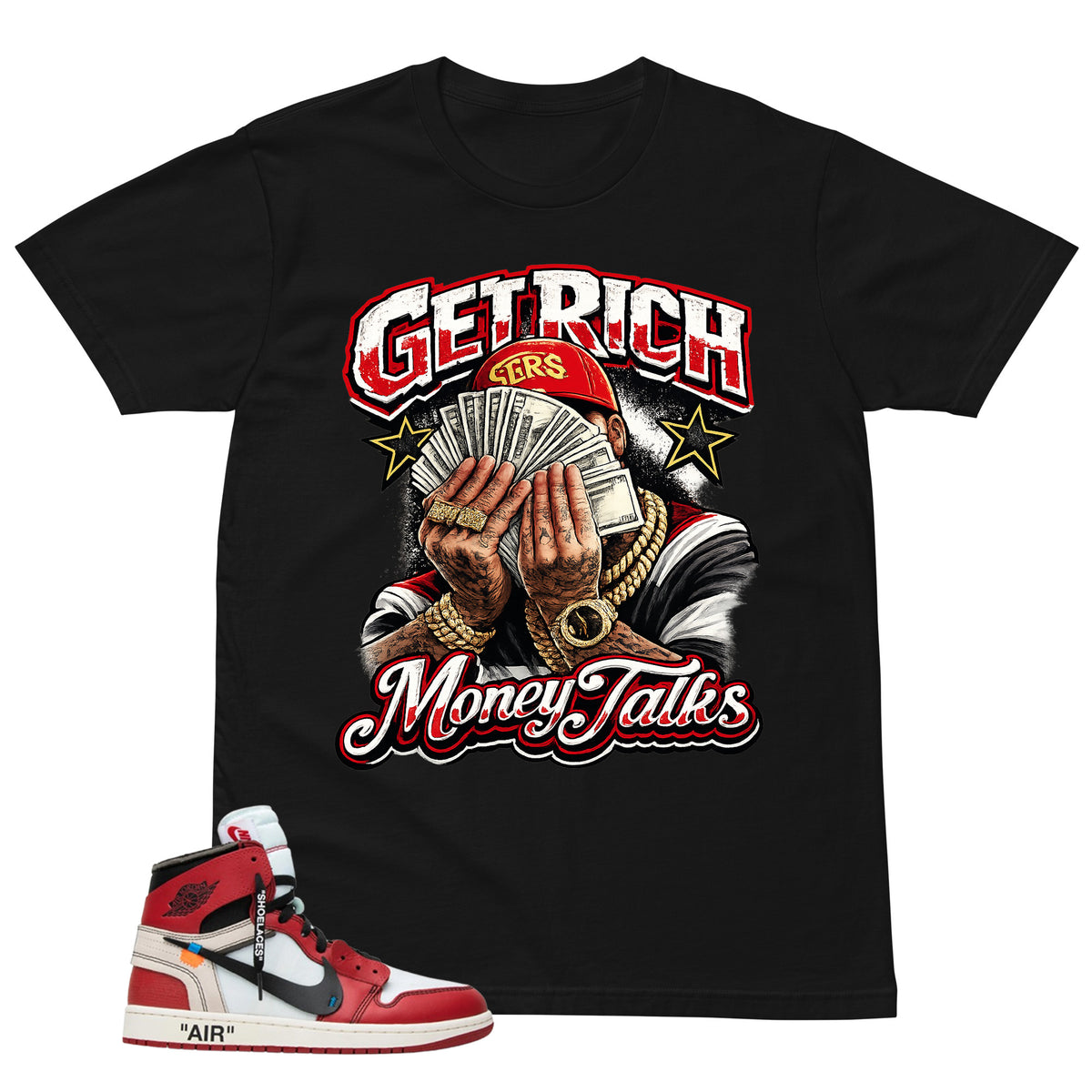 Graphic Tee Money Talk | Matching  Off-White x Air Jordan 1 Chicago | Zadago