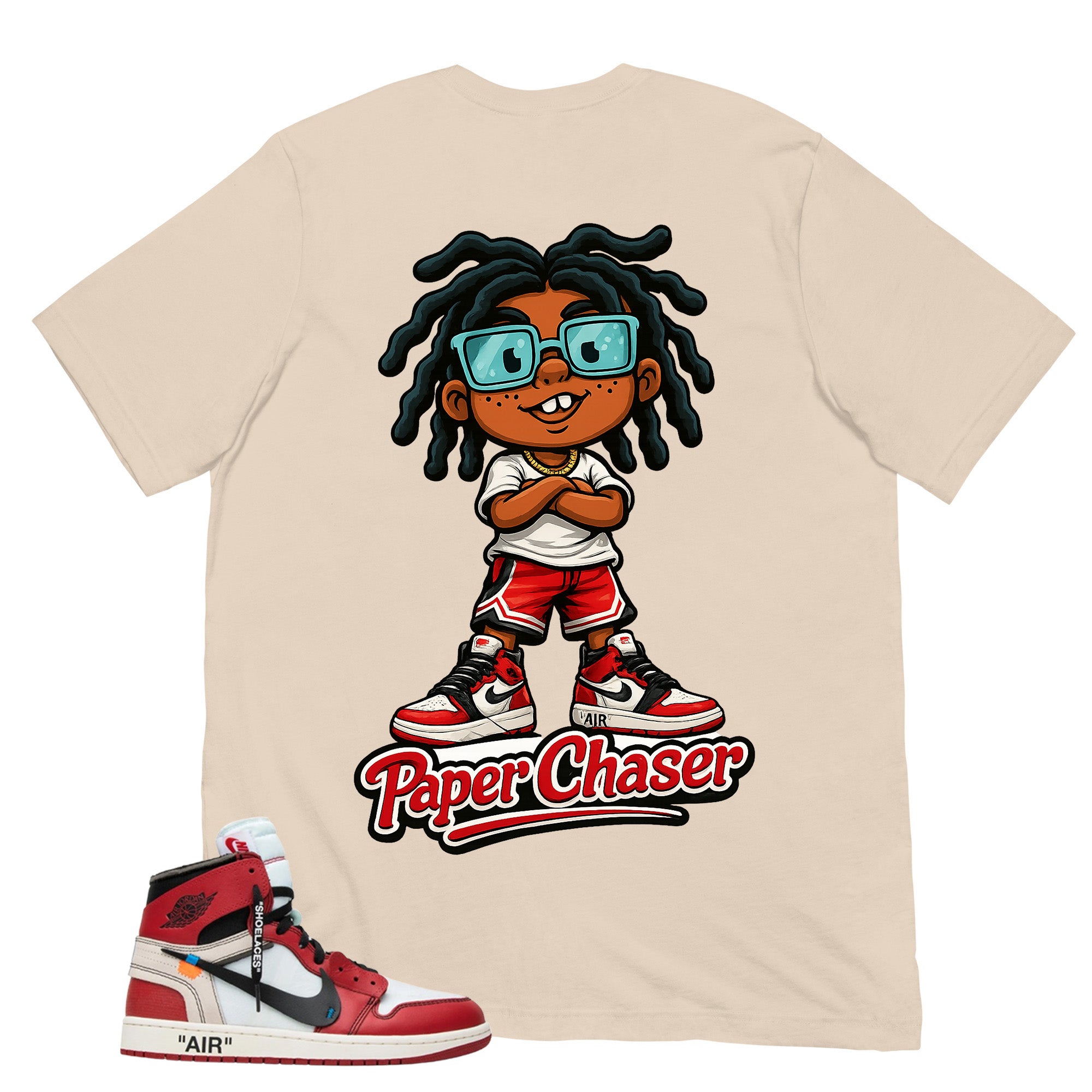 Graphic Tee Paper Chaser | Matching  Off-White x Air Jordan 1 Chicago | Zadago