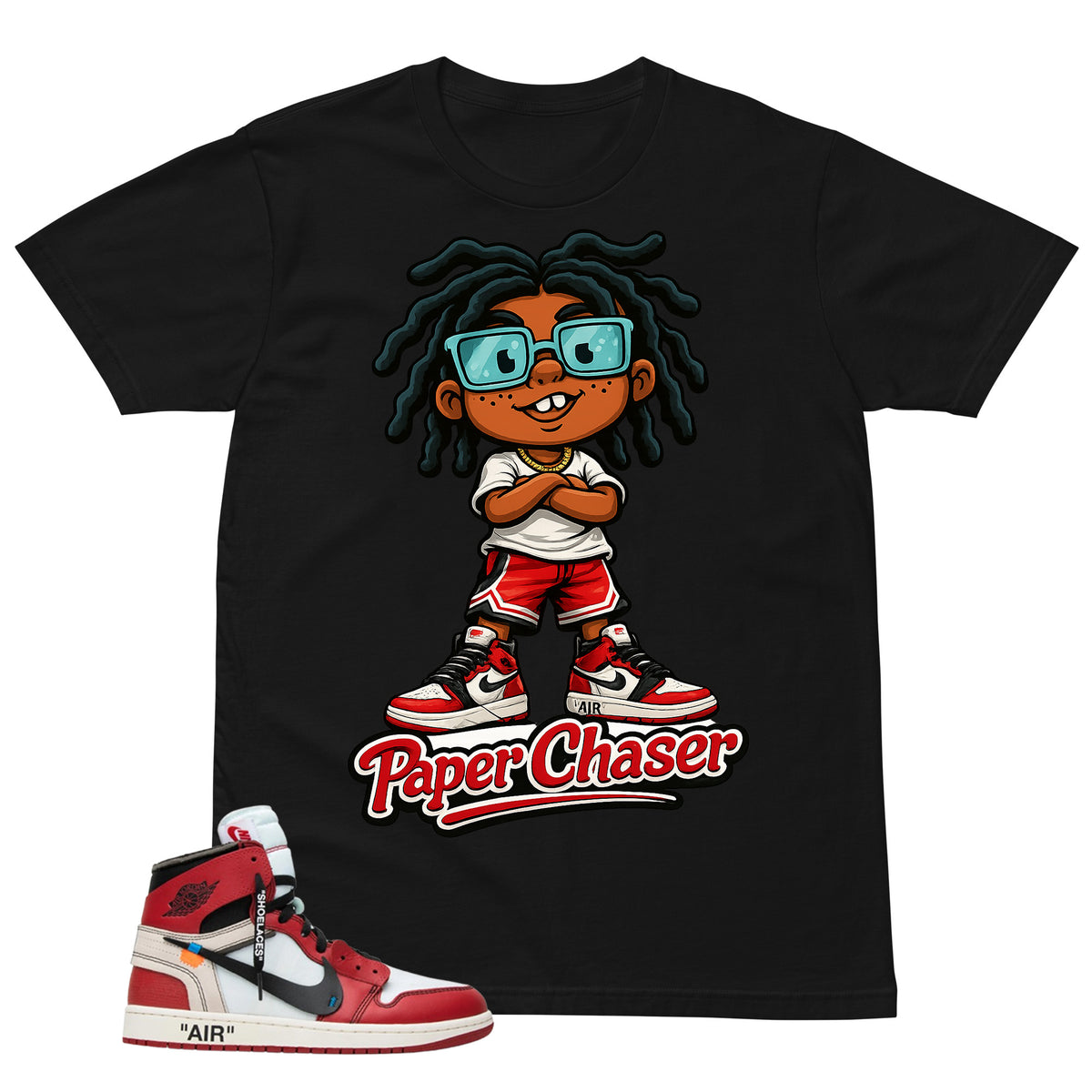 Graphic Tee Paper Chaser | Matching  Off-White x Air Jordan 1 Chicago | Zadago