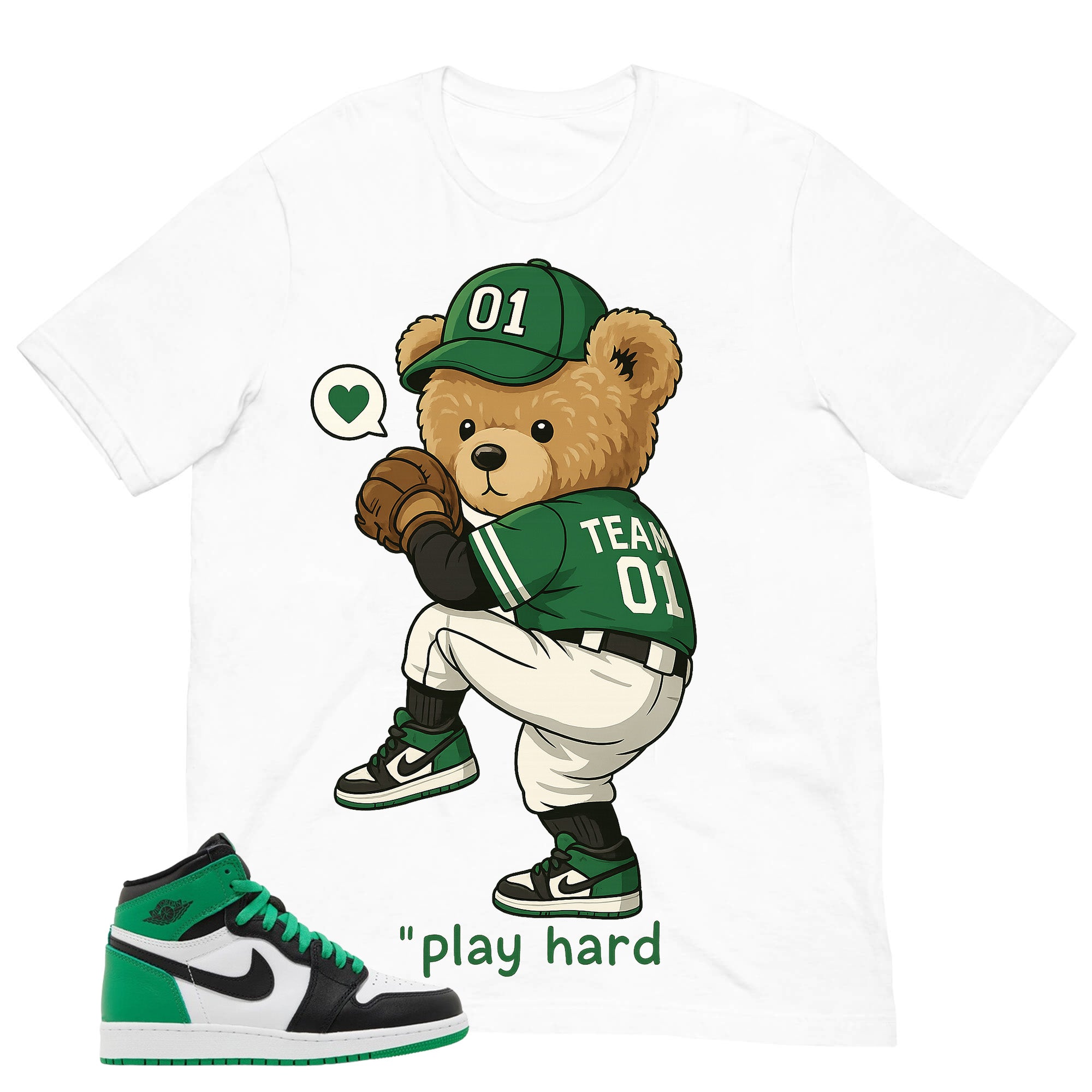 Graphic Tee Play Hard Bear Shirt - to Matching Air Jordan 1 Lucky Green | Zadago