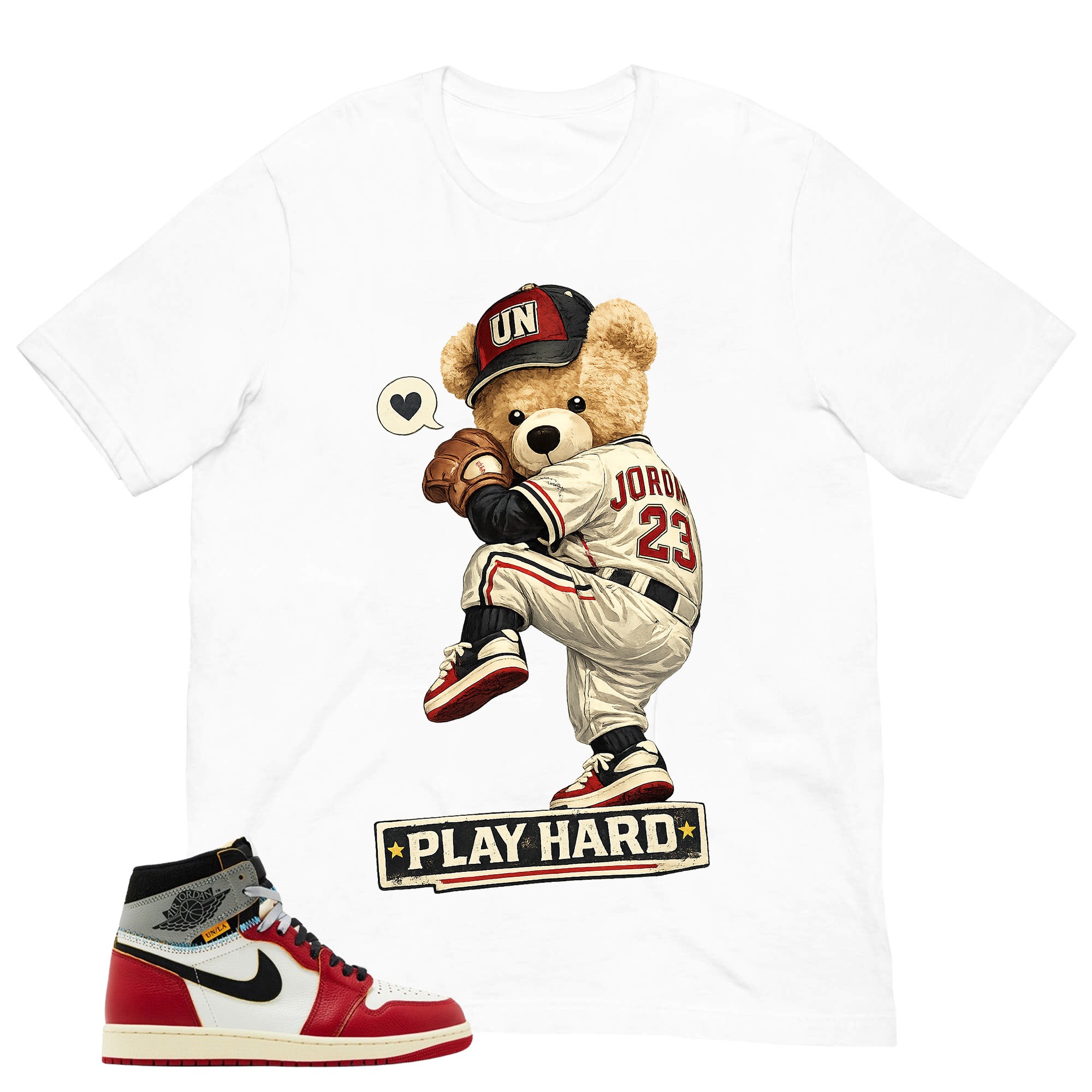 Graphic Tee Play Hard | Matching Jordan 1 Union LA Chicago Shadow | Zadago