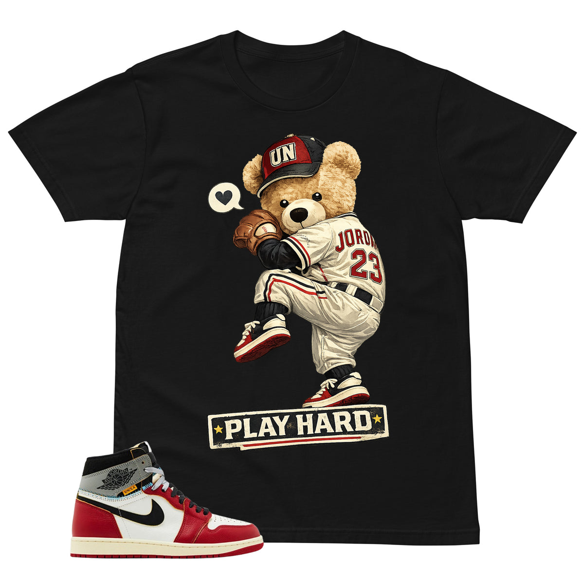 Graphic Tee Play Hard | Matching Jordan 1 Union LA Chicago Shadow | Zadago