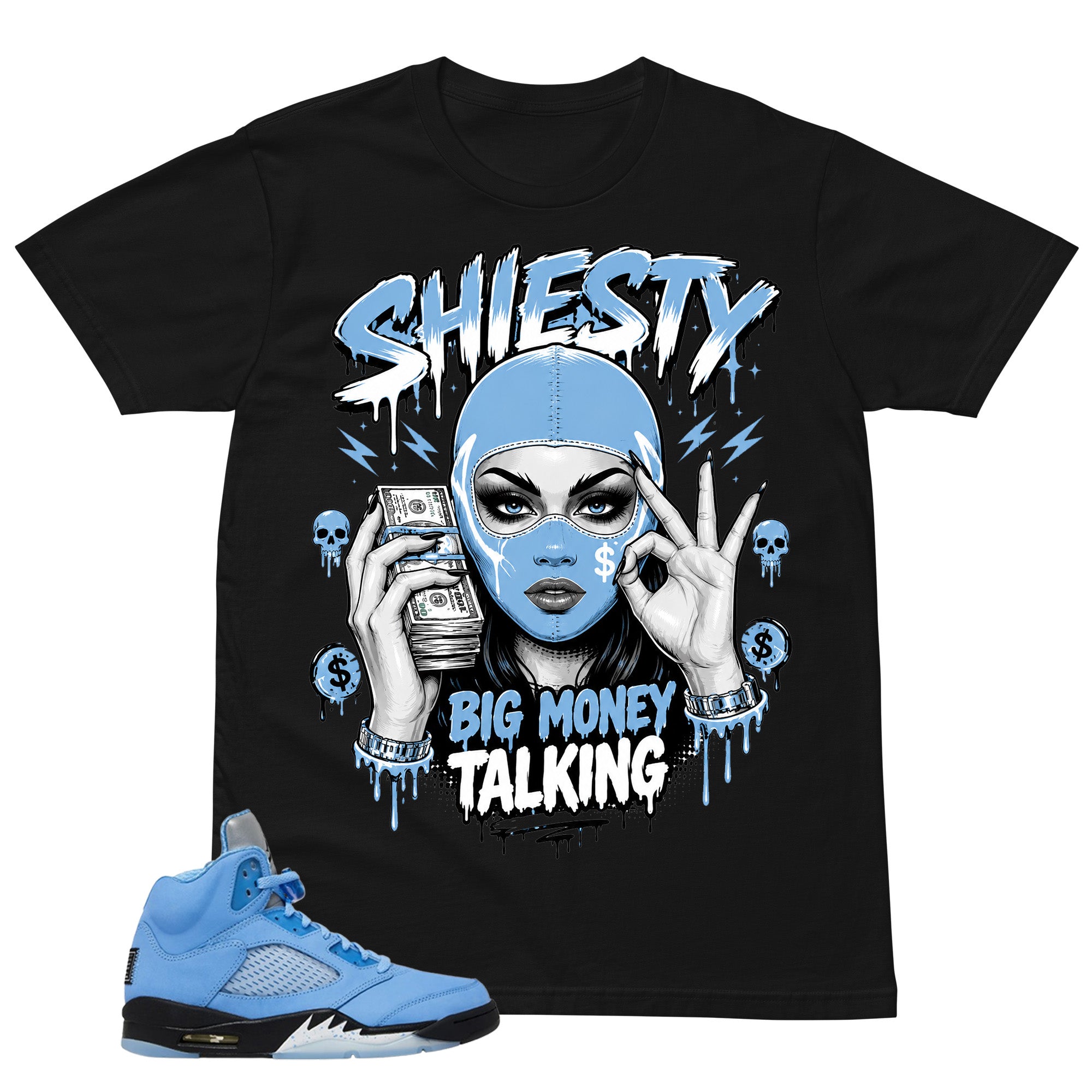 Graphic Tee Shiesty Big Money Talking Shirt - to Matching Air Jordan 5 UNC | Zadago