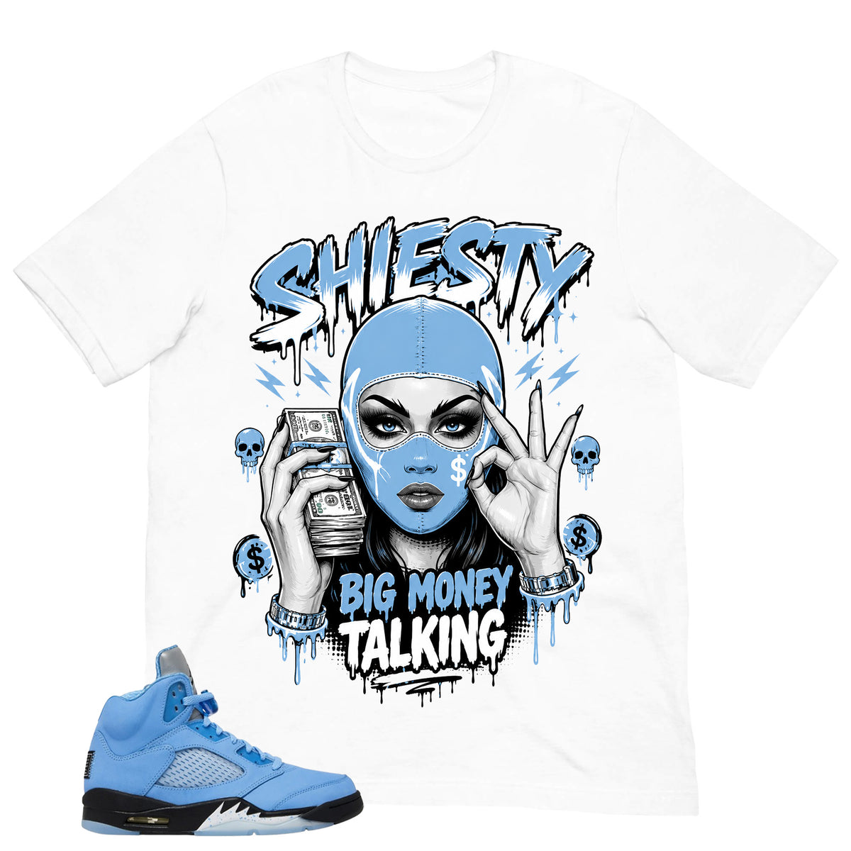 Graphic Tee Shiesty Big Money Talking Shirt - to Matching Air Jordan 5 UNC | Zadago