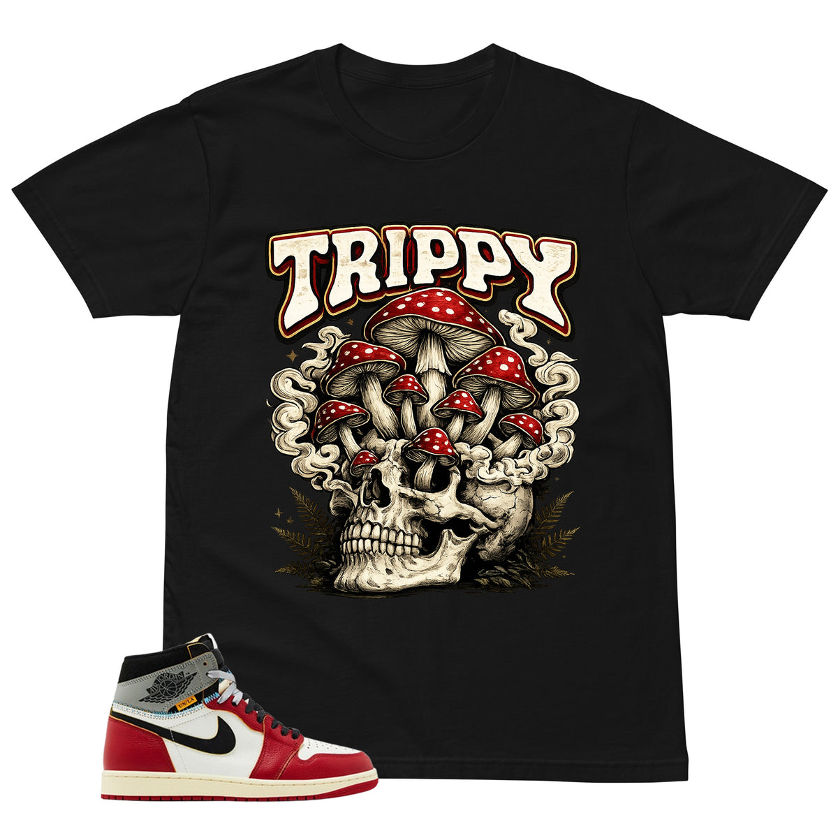 Graphic Tee Trippy Skull | Matching Jordan 1 Union LA Chicago Shadow | Zadago