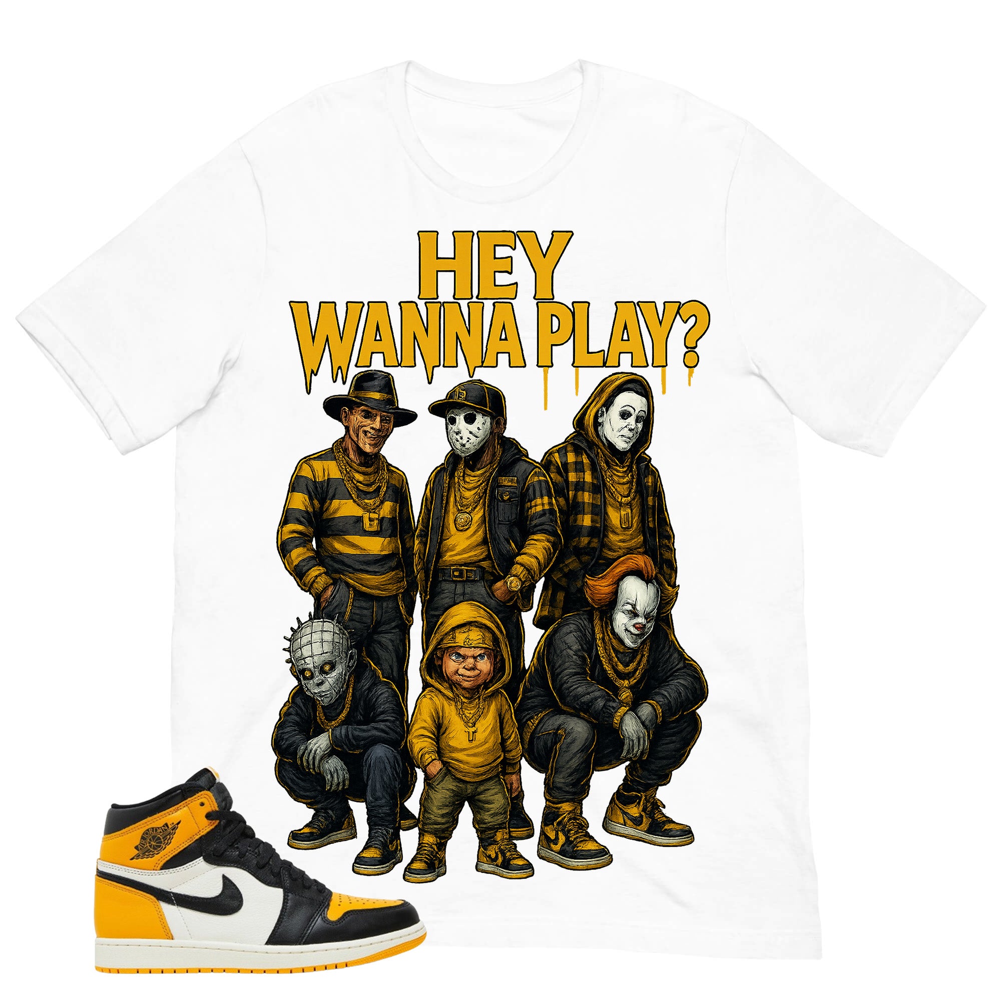 Hey Wanna Play Halloween Shirt - Match Air Jordan 1 Yellow Toe