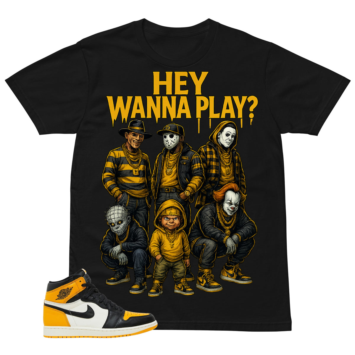 Hey Wanna Play Halloween Shirt - Match Air Jordan 1 Yellow Toe