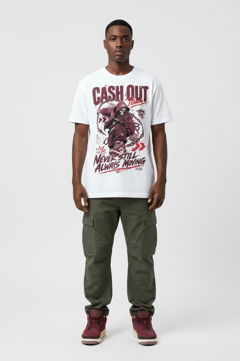Cash Out Team Graphic Tee mockup v2 - design clearly visible, male model streetwear editorial