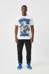 Male model wearing Paper Angel Pocket Change graphic tee with Nike Zoom Kobe 5 Protro X-Ray sneakers