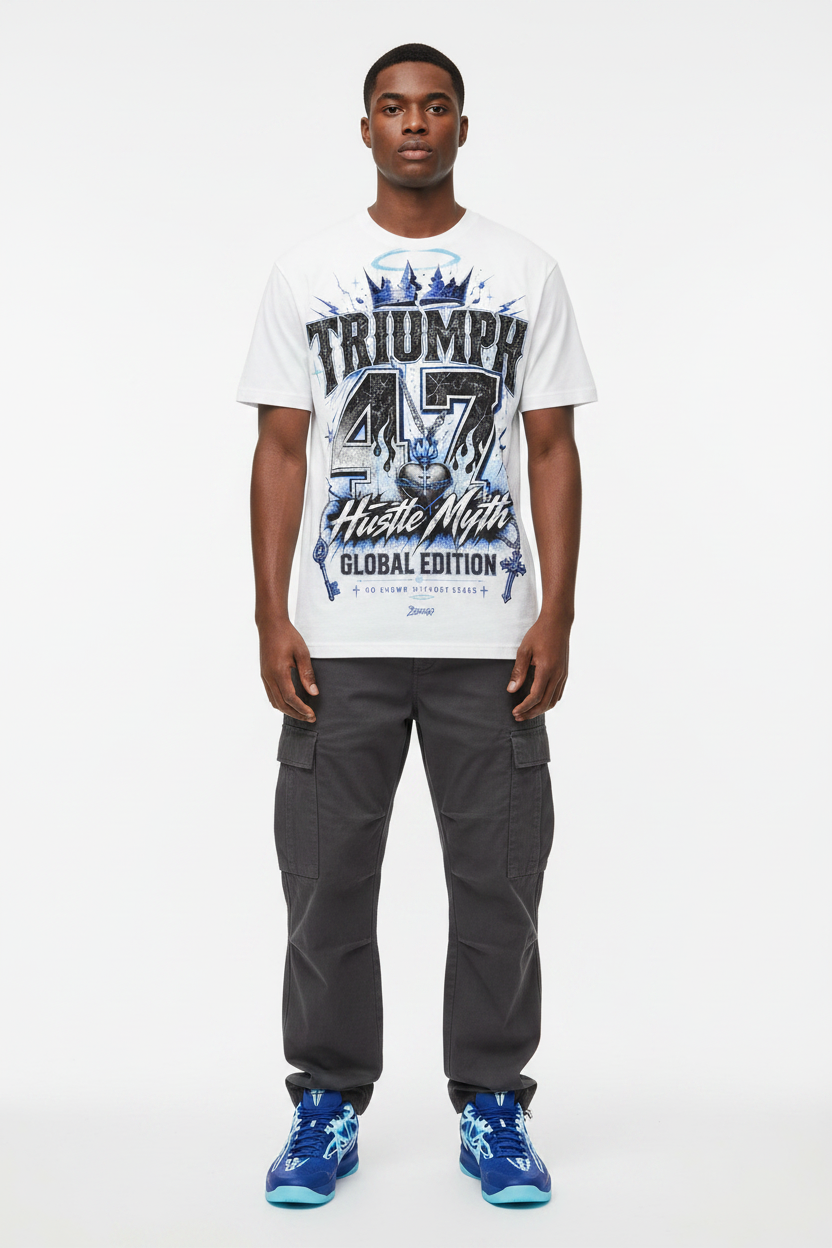 Male model wearing Triumph 47 Hustle Myth graphic tee with Nike Zoom Kobe 5 Protro X-Ray sneakers