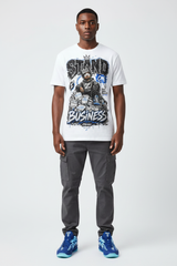 Male model wearing Stand On Business graphic tee with Nike Zoom Kobe 5 Protro X-Ray sneakers