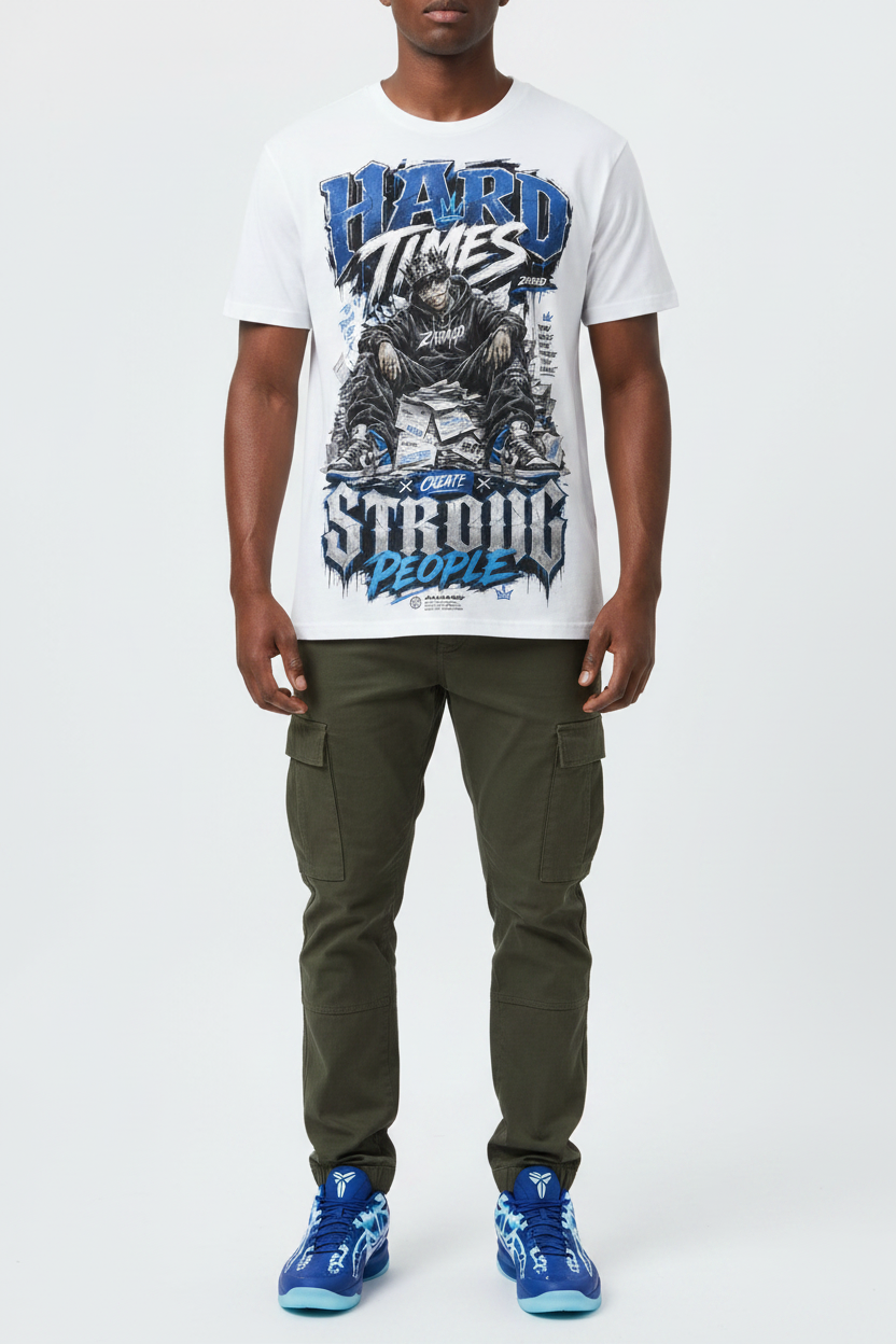 Male model wearing Hard Times Create Strong People graphic tee with Nike Zoom Kobe 5 Protro X-Ray sneakers