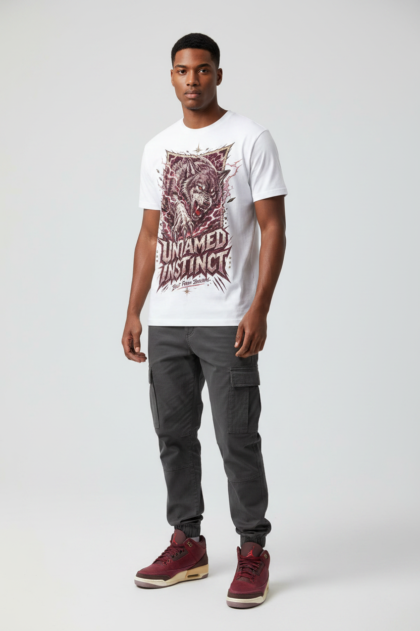 Mockup - Untamed Instinct Graphic Tee worn by male model with Air Jordan 3 Bin23