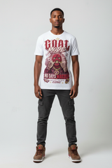 Male model wearing Goal Mode No Days Wasted Zadago graphic tee with Air Jordan 3 Bin23 sneakers, studio background