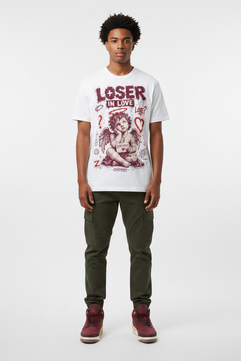 Male model wearing Loser In Love Zadago graphic tee with Air Jordan 3 Bin23 sneakers, studio background