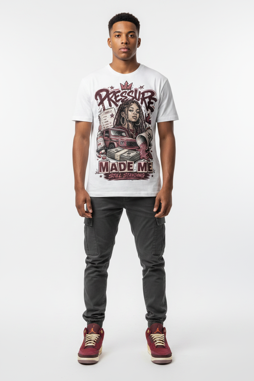 Male model wearing Pressure Made Me Zadago graphic tee with Air Jordan 3 Bin23 sneakers, studio background