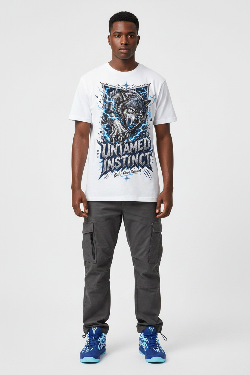 Male model wearing Untamed Instinct graphic tee with Nike Zoom Kobe 5 Protro X-Ray sneakers