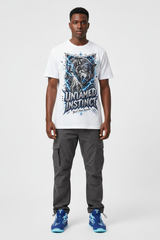 Male model wearing Untamed Instinct graphic tee with Nike Zoom Kobe 5 Protro X-Ray sneakers