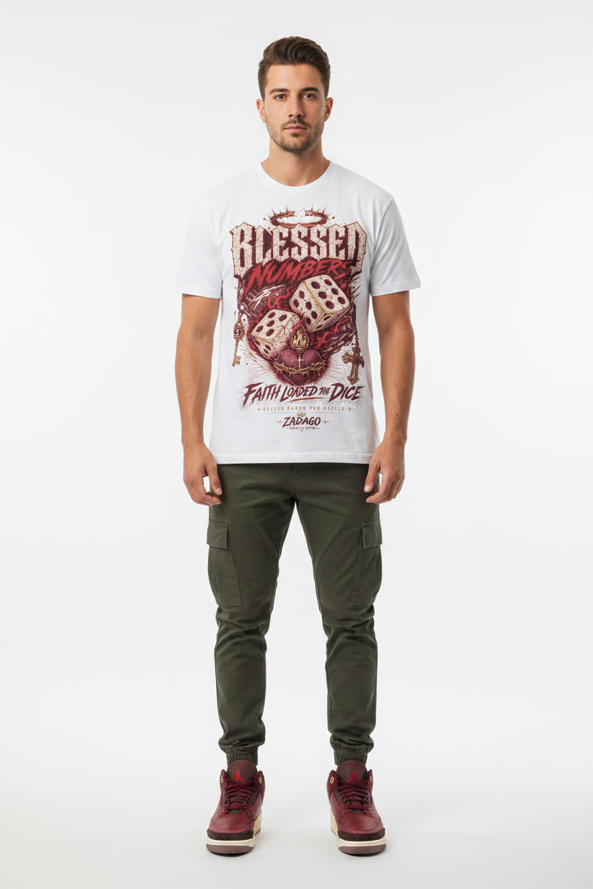 Mockup - Blessed Number Graphic Tee worn by male model with Air Jordan 3 Bin23