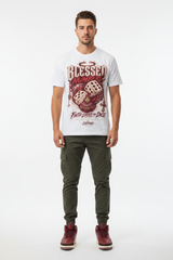 Mockup - Blessed Number Graphic Tee worn by male model with Air Jordan 3 Bin23
