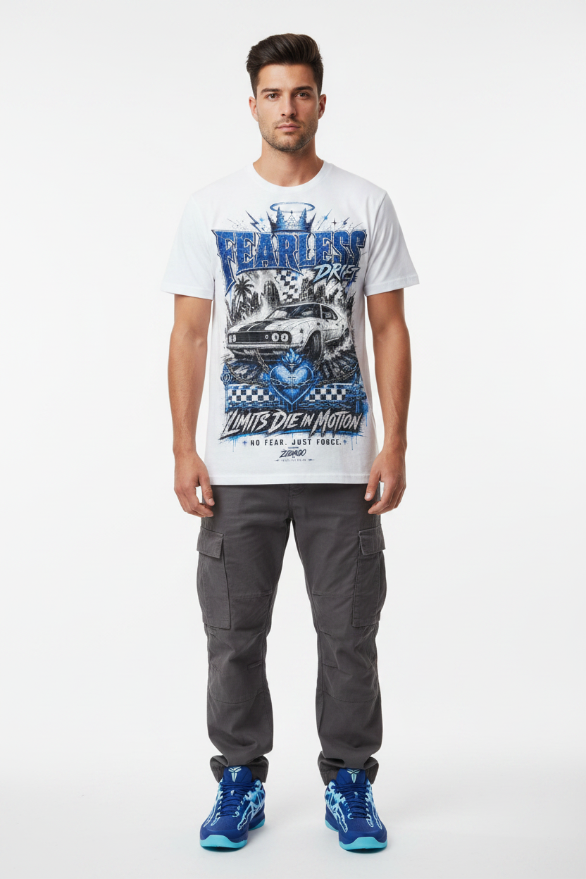 Male model wearing Fearless Drift graphic tee with Nike Zoom Kobe 5 Protro X-Ray sneakers