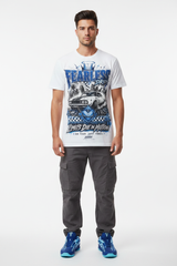 Male model wearing Fearless Drift graphic tee with Nike Zoom Kobe 5 Protro X-Ray sneakers