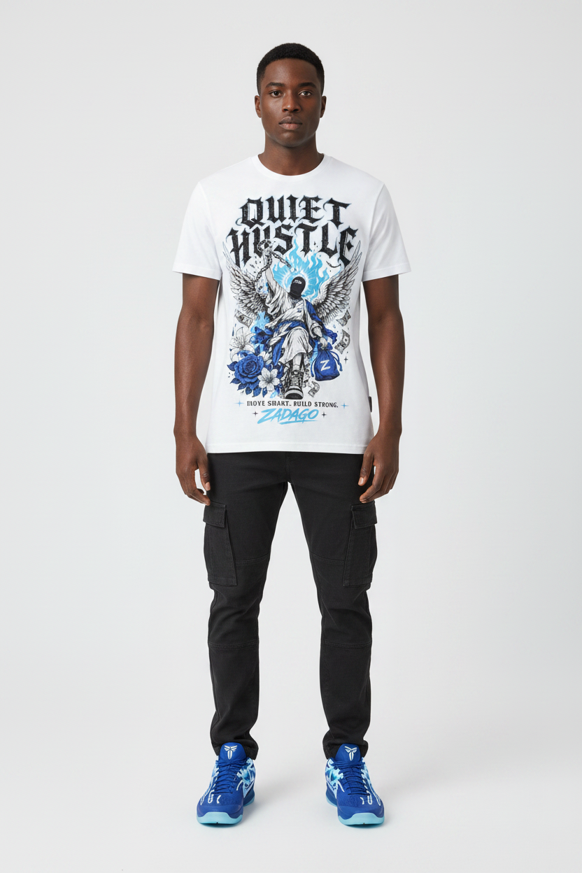 Male model wearing Quiet Hustle graphic tee with Nike Zoom Kobe 5 Protro X-Ray sneakers