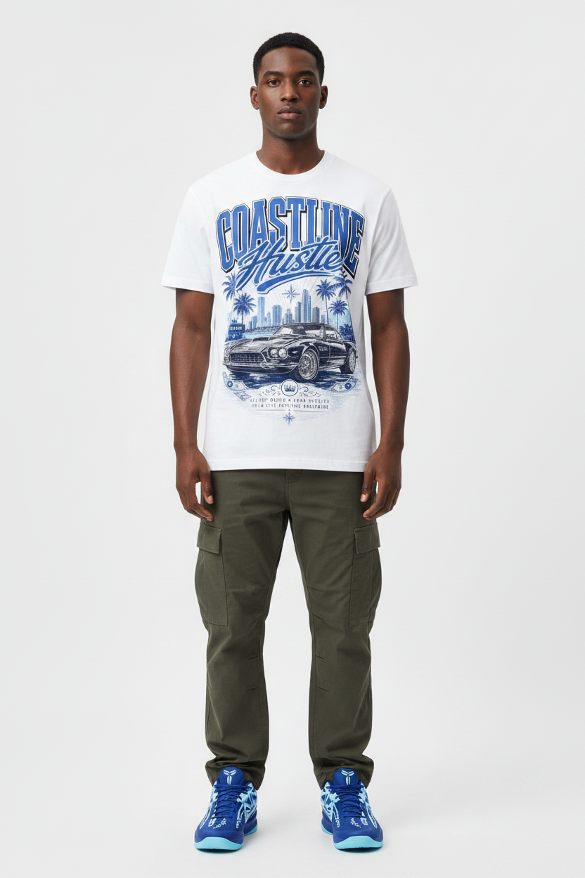 Male model wearing Coastline Hustle graphic tee with Nike Zoom Kobe 5 Protro X-Ray sneakers