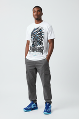 Male model wearing Path Breaker graphic tee with Nike Zoom Kobe 5 Protro X-Ray sneakers