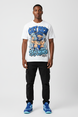 Male model wearing Get Rich Play Money graphic tee with Nike Zoom Kobe 5 Protro X-Ray sneakers