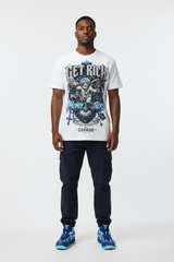 Male model wearing Get Rich Money Talk graphic tee with Nike Zoom Kobe 5 Protro X-Ray sneakers