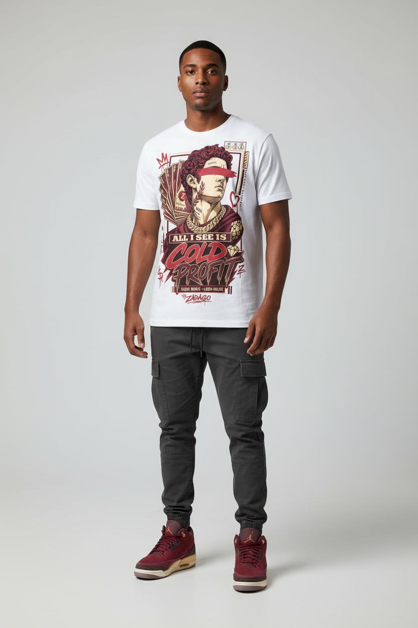Cold Profit Graphic Tee mockup - male model streetwear editorial