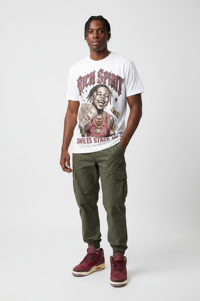 Rich Spirit Graphic Tee mockup - male model streetwear editorial