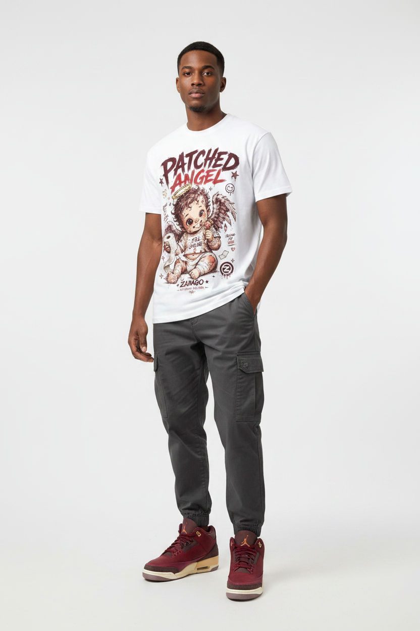 Male model wearing Patched Angel Graphic Tee with Air Jordan 3 Bin23