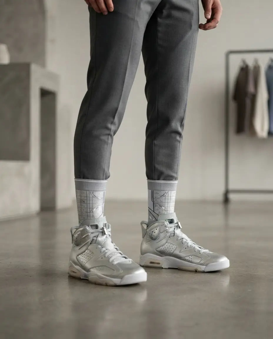 Metallic Silver Socks – Air Jordan 6 x Paris Saint-Germain Inspired Mid-Calf Unisex Crew Socks