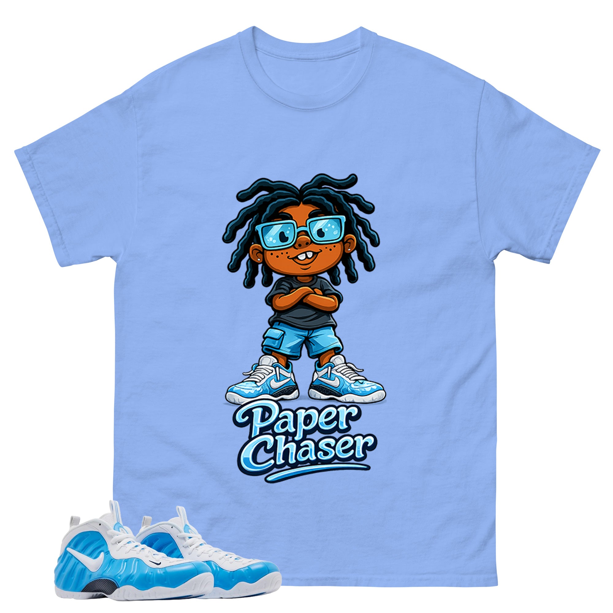 Paper Chaser Graphic Tee, Shirt to Match Air Foamposite Pro University Blue, Air Foamposite Unisex Blue Shirt
