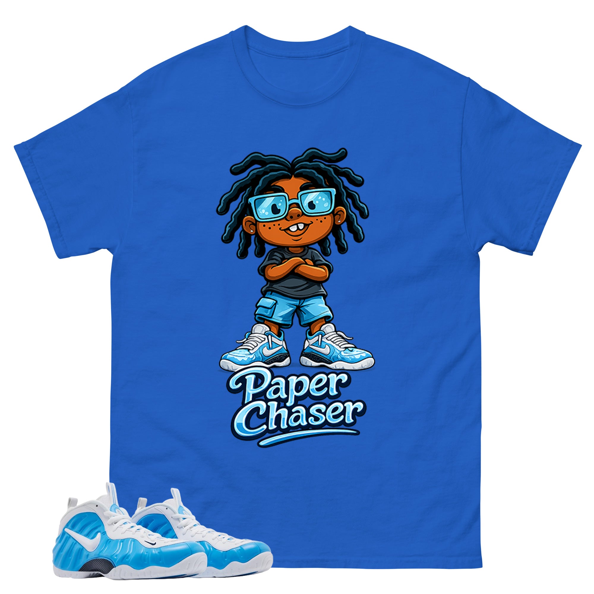 Paper Chaser Graphic Tee, Shirt to Match Air Foamposite Pro University Blue, Air Foamposite Unisex Blue Shirt