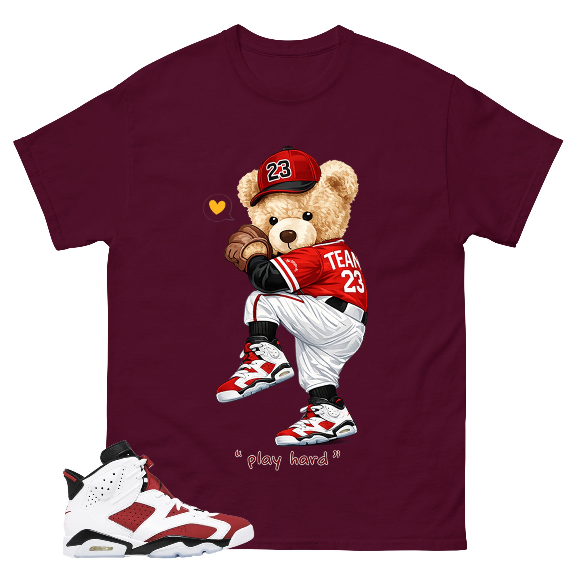 Play Hard Baseball Bear Shirt - Match White Air Jordan 6 Carmine