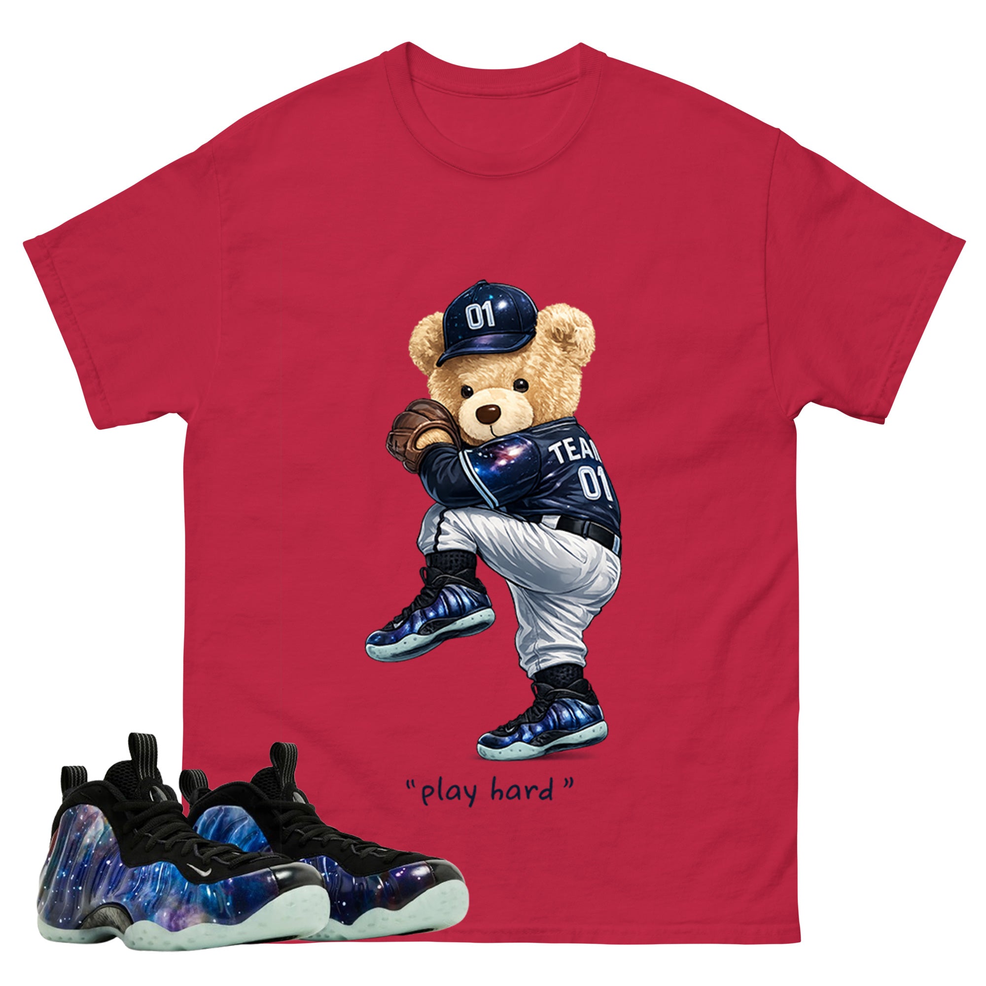 Play Hard Bear Graphic Tee, Shirt to Match Air Foamposite One Galaxy, Air Foamposite Unisex Black Shirt