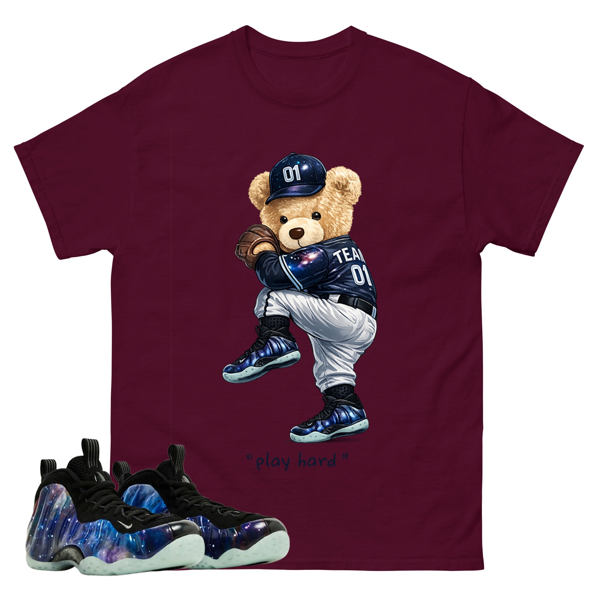 Play Hard Bear Graphic Tee, Shirt to Match Air Foamposite One Galaxy, Air Foamposite Unisex Black Shirt