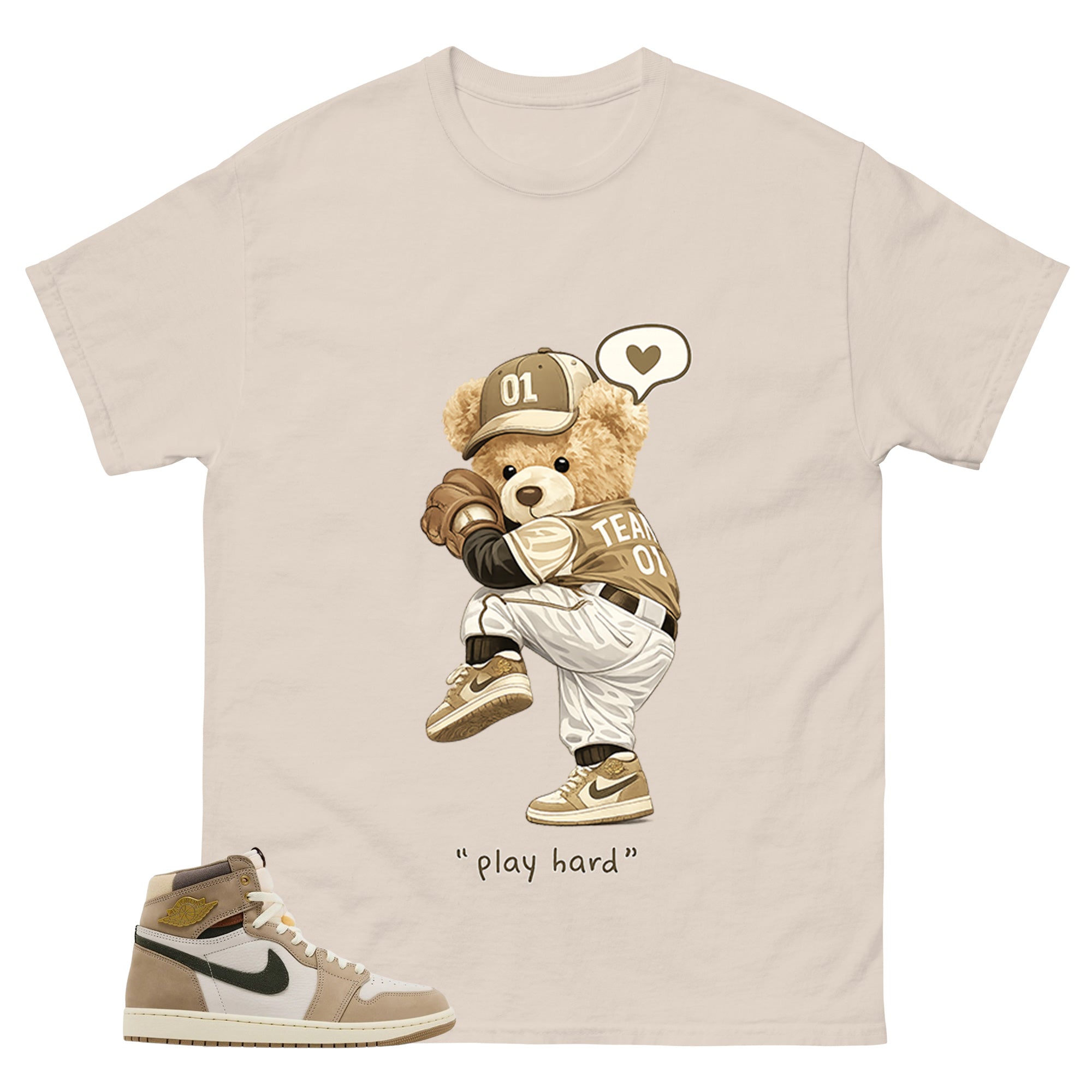 Play Hard Bear Shirt - Match Cream Wmns Air Jordan 1 Khaki