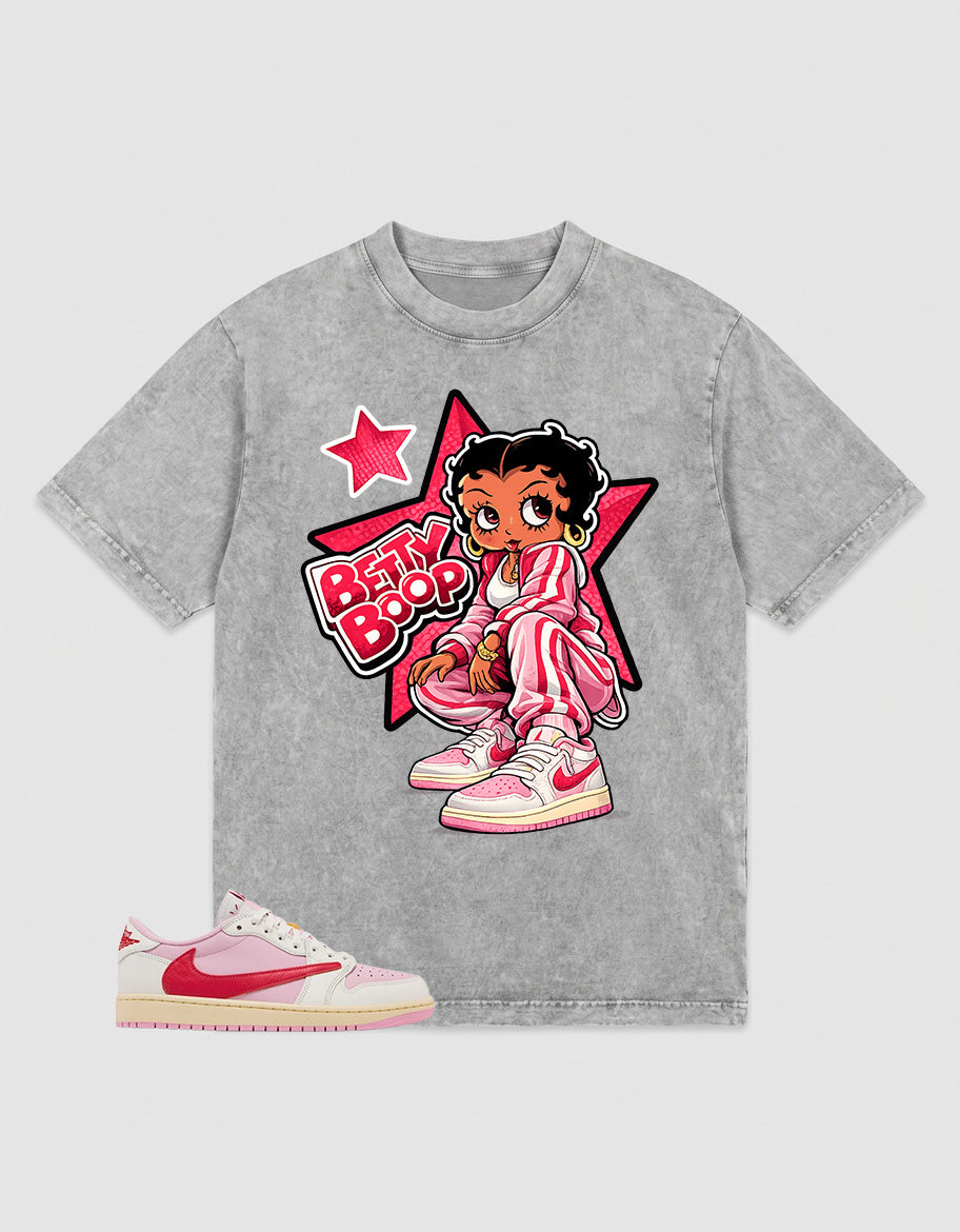 Sail Tropical Pink Travis Scott 1s Washed T-shirt Betty Boop Star Graphic