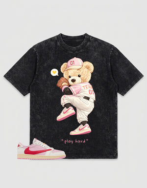 Sail Tropical Pink Travis Scott 1s Washed T-shirt Play Hard Bear Graphic