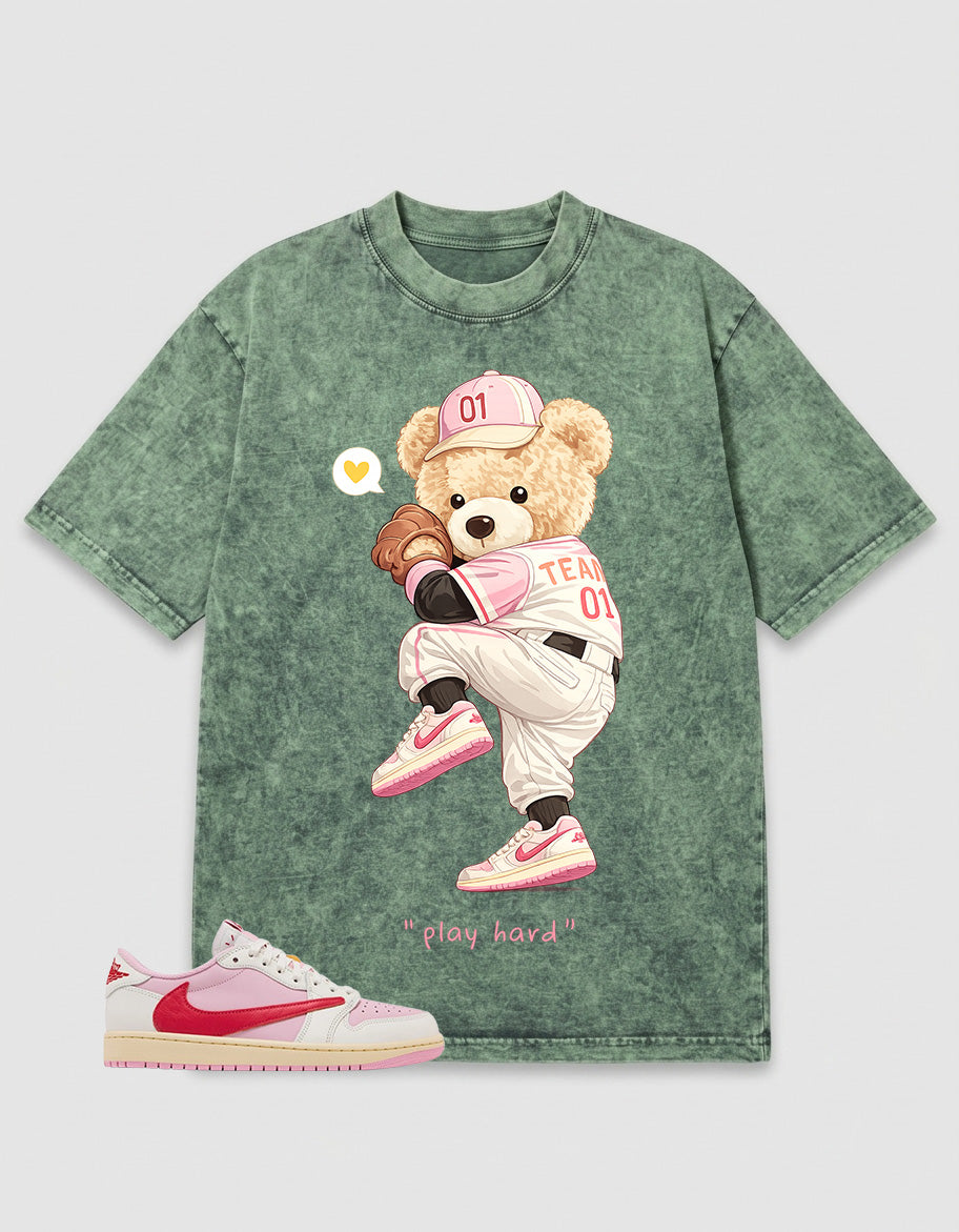 Sail Tropical Pink Travis Scott 1s Washed T-shirt Play Hard Bear Graphic