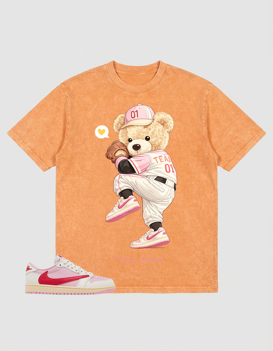Sail Tropical Pink Travis Scott 1s Washed T-shirt Play Hard Bear Graphic